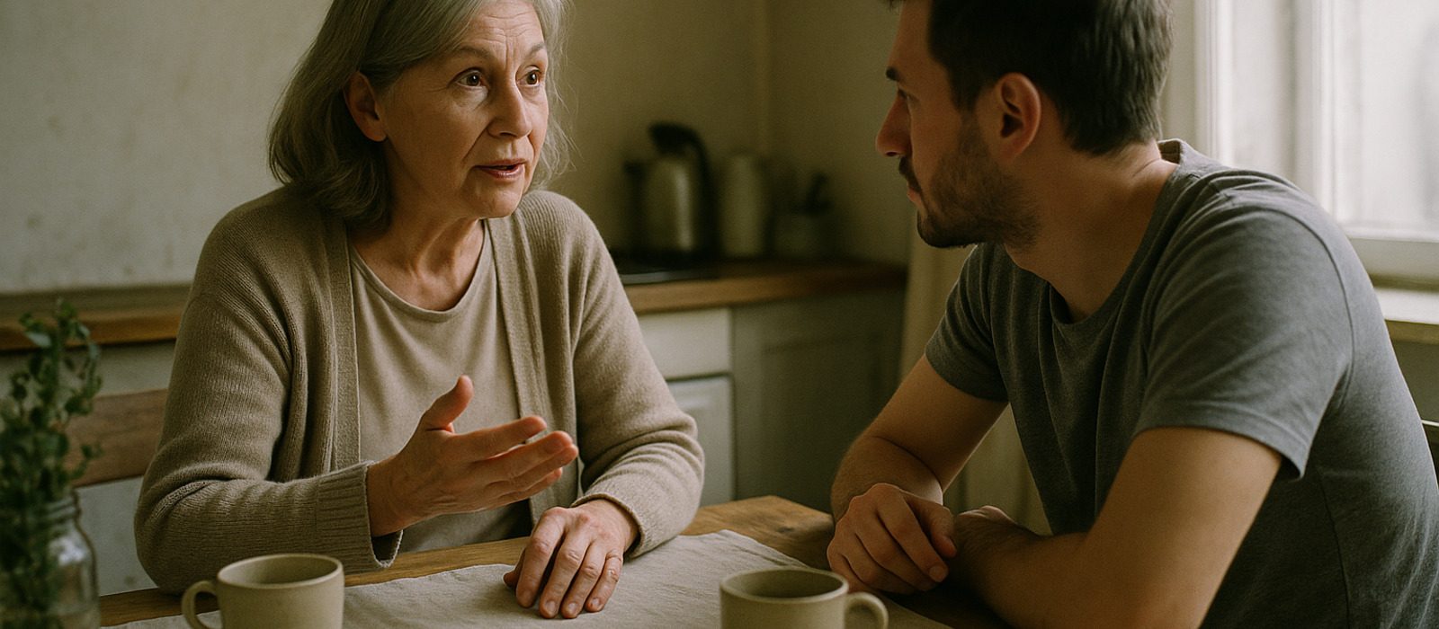 Two people in conversation at a kitchen table