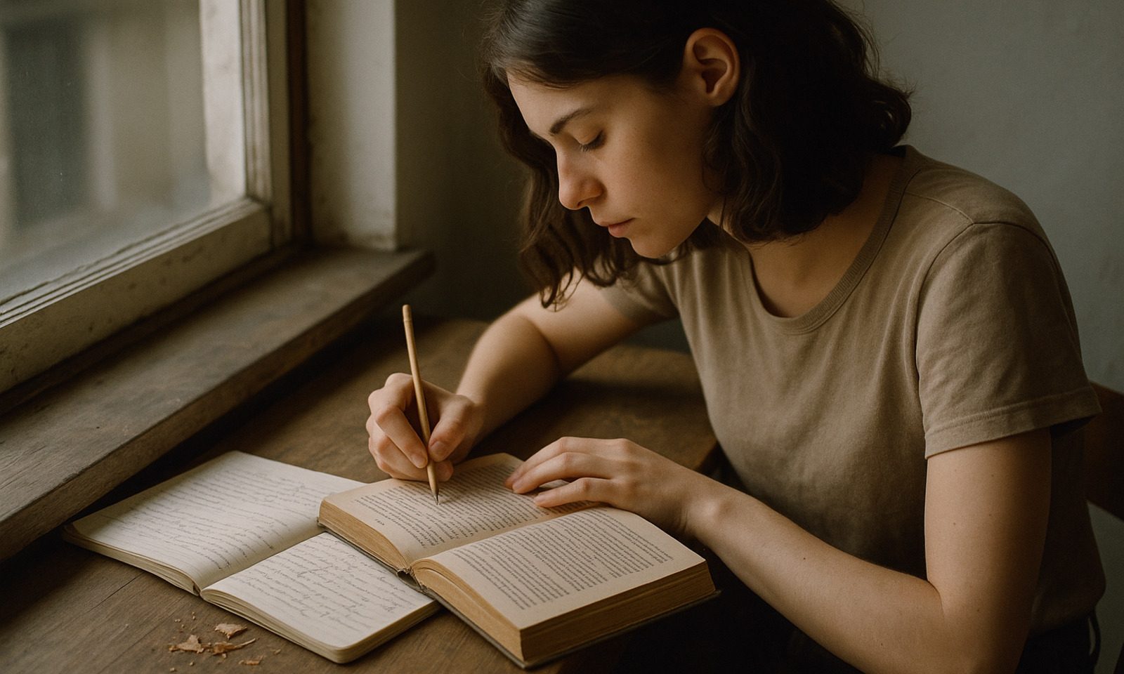 A person reading with notes spread across a desk