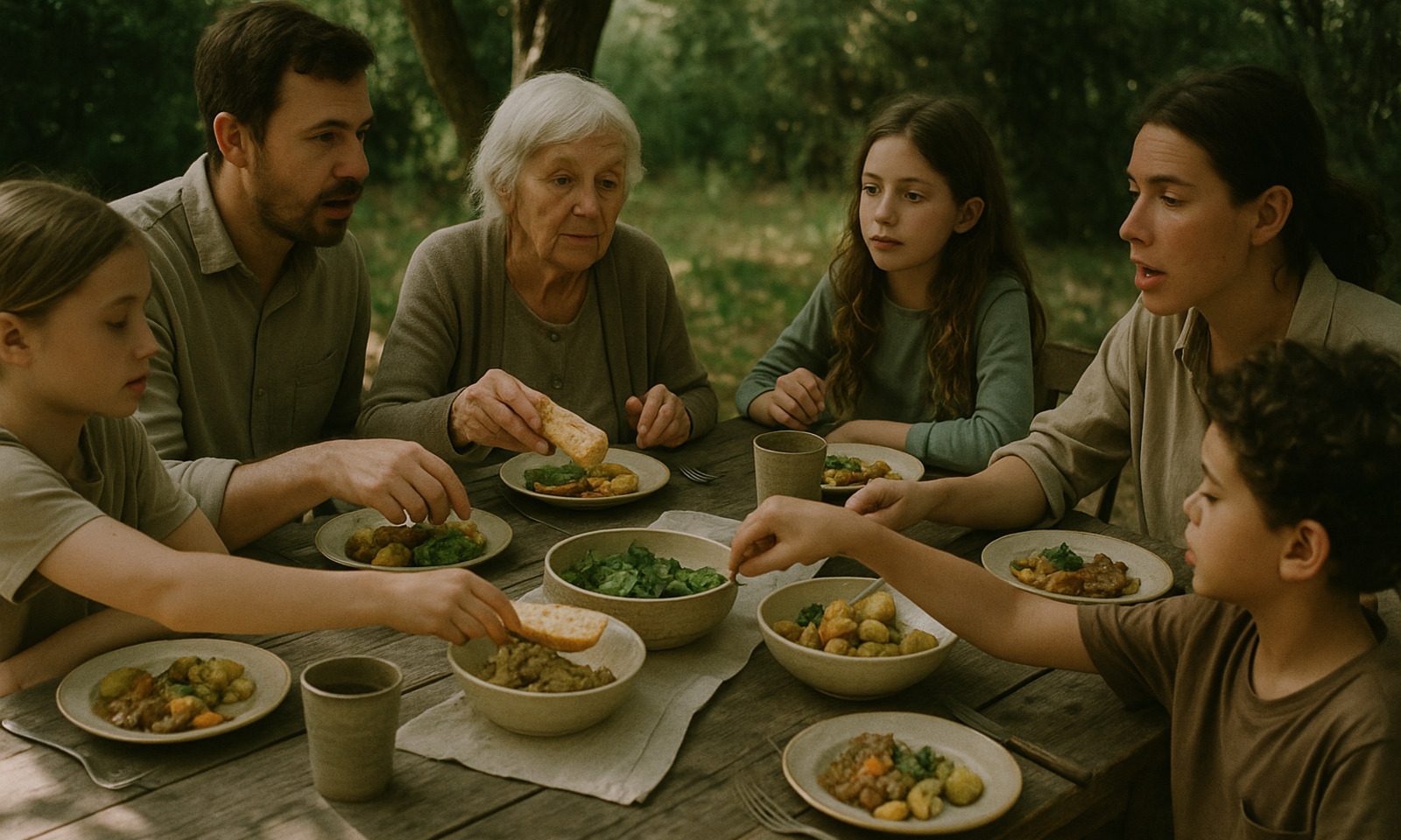Friends sharing a meal around a long table